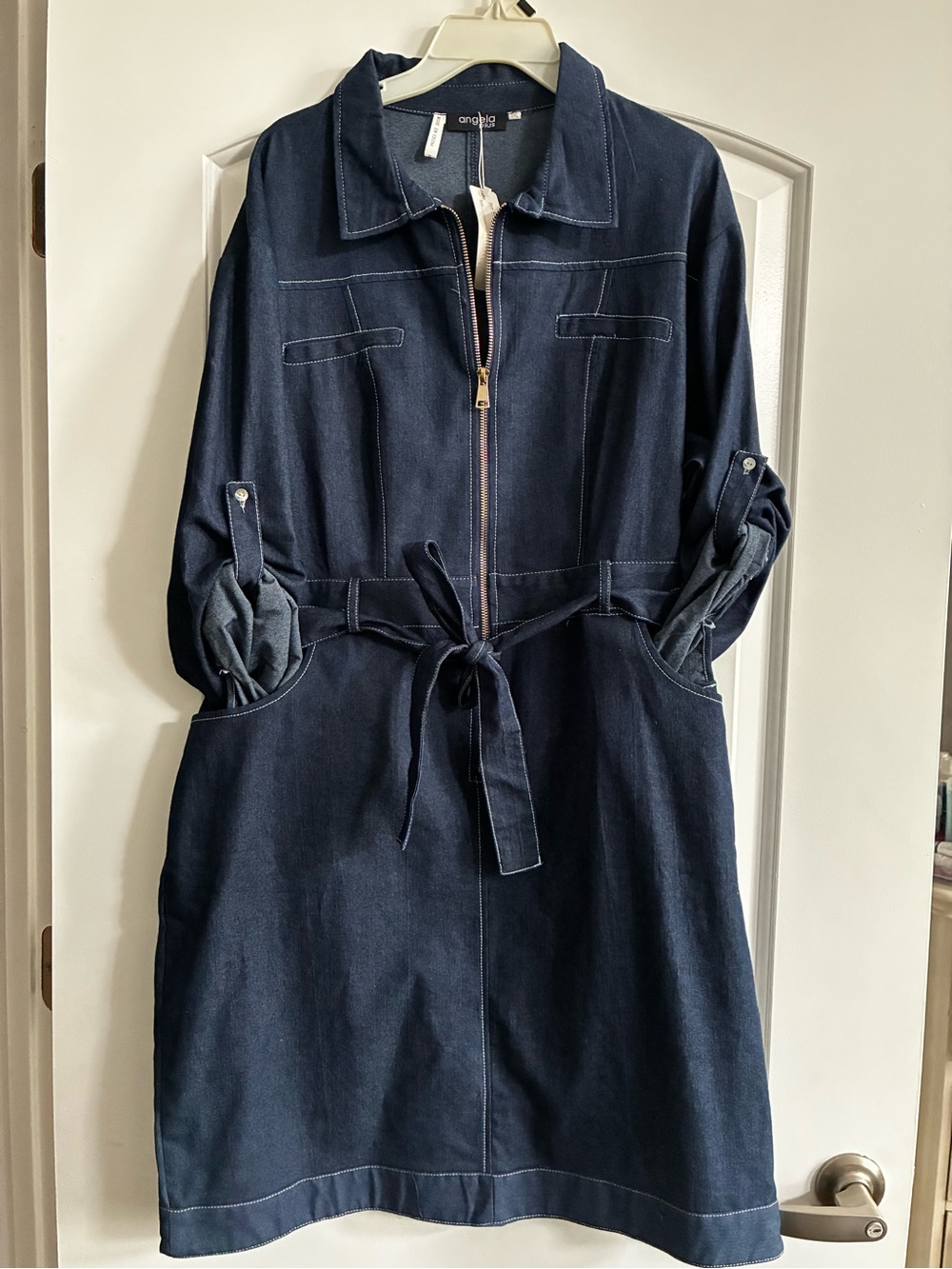 Angel Dark Blue Denim Zip-Front Belted Women's Dress